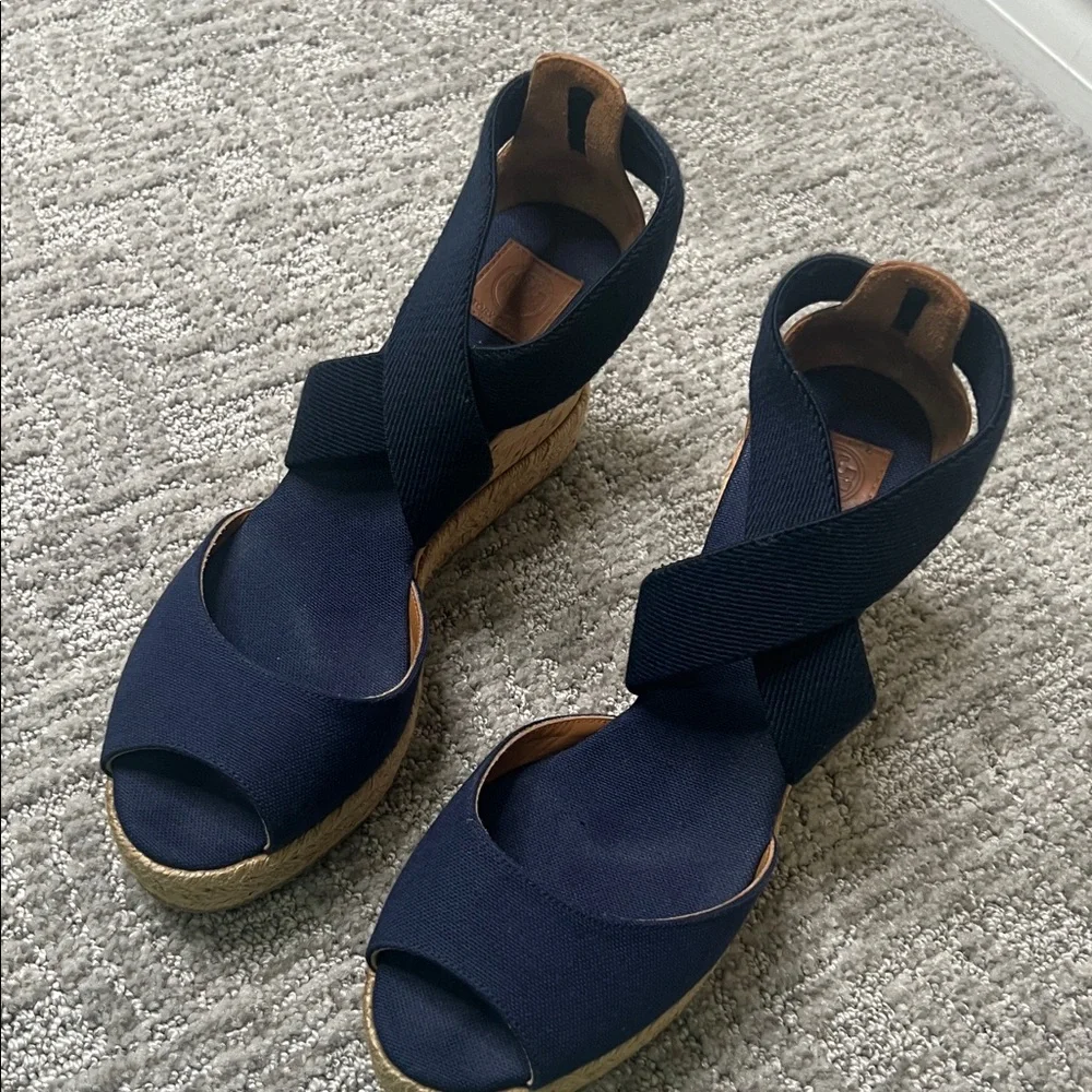 Tory Burch Natanya Wedge Espadrille Sandals Navy Blue
